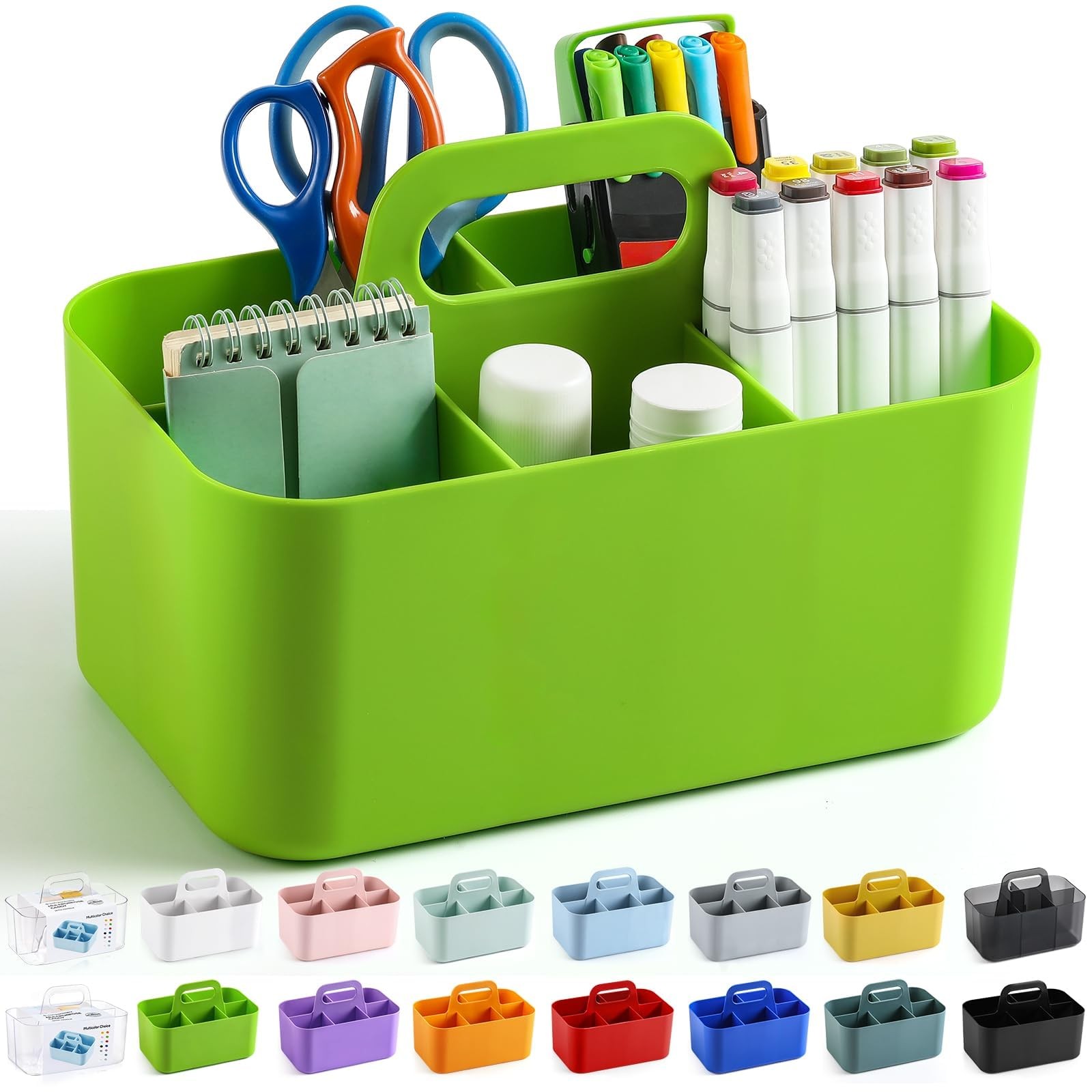 Multiuse Caddy Organizer with Handle, Portable Divided Plastic Tote Bin Green