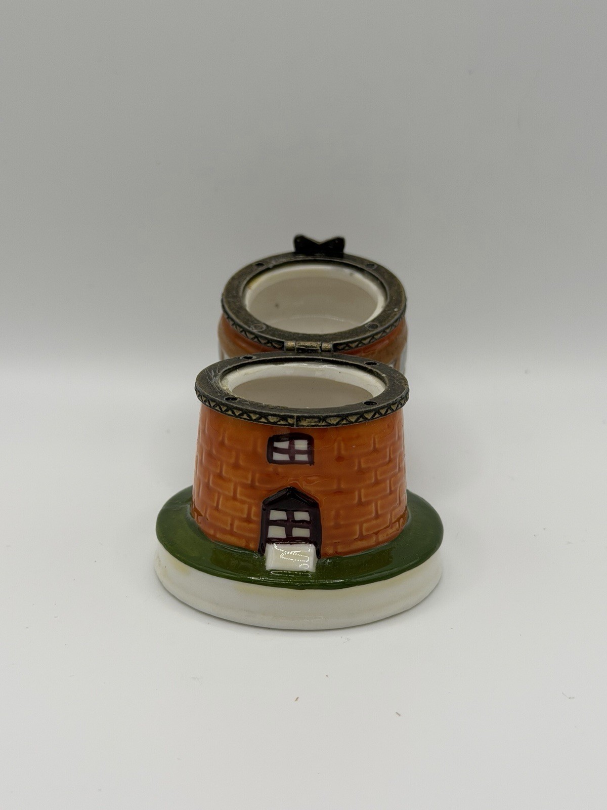Lighthouse Trinket Box Ceramic Glossy Lidded Multicolor Nautical Brick
