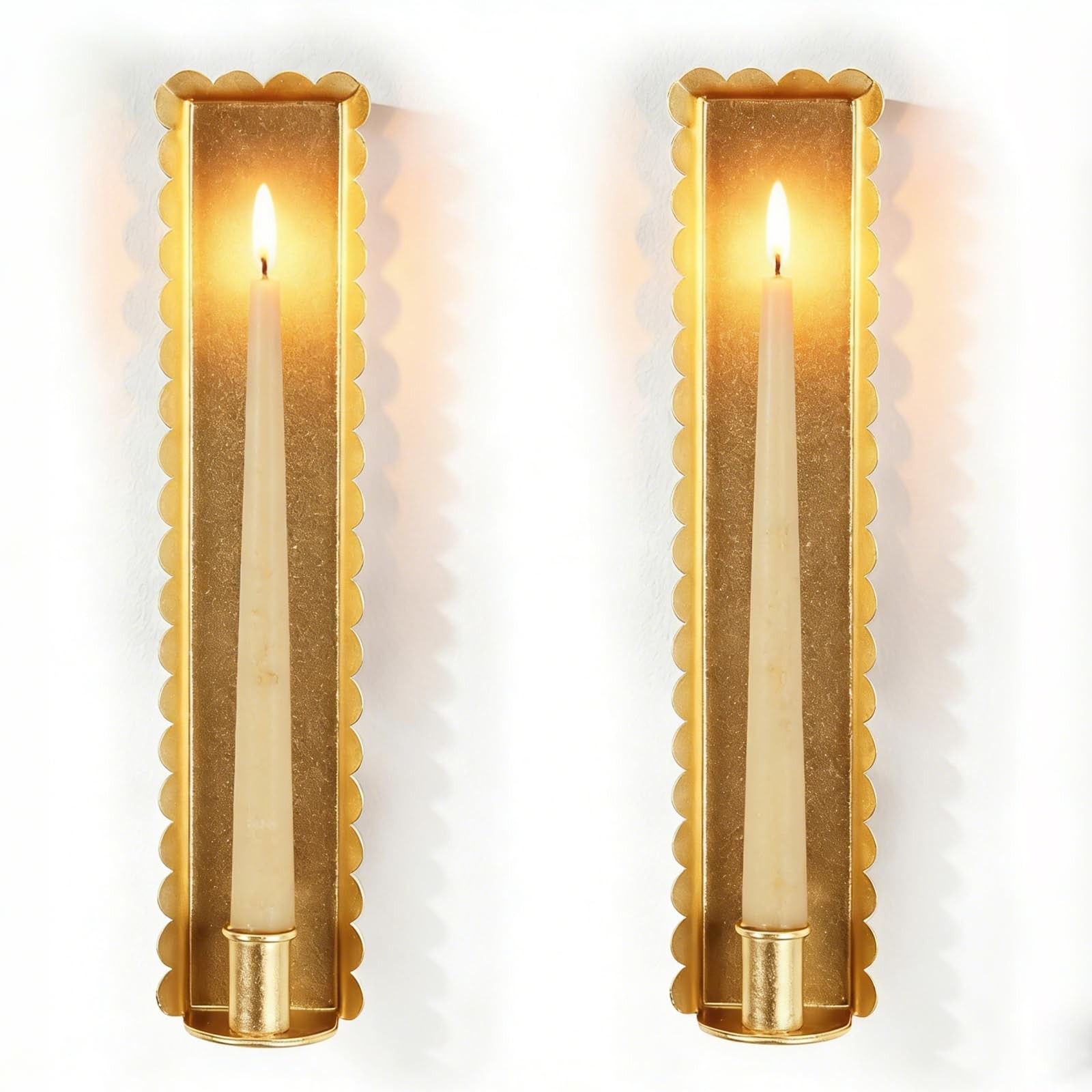 Gold Wall Candle Sconces Set of 2, Scalloped Edge Box-Shaped Cast Iron Farmho...