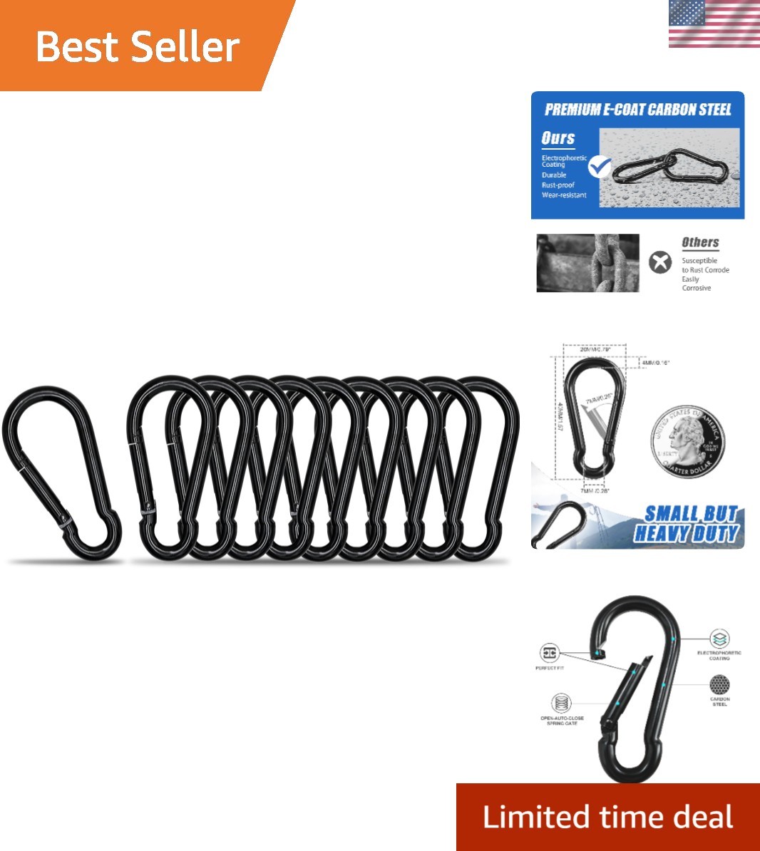1.57'' Black Carbon Steel Carabiner Clips - 10 Pack for Any Outdoor Adventure