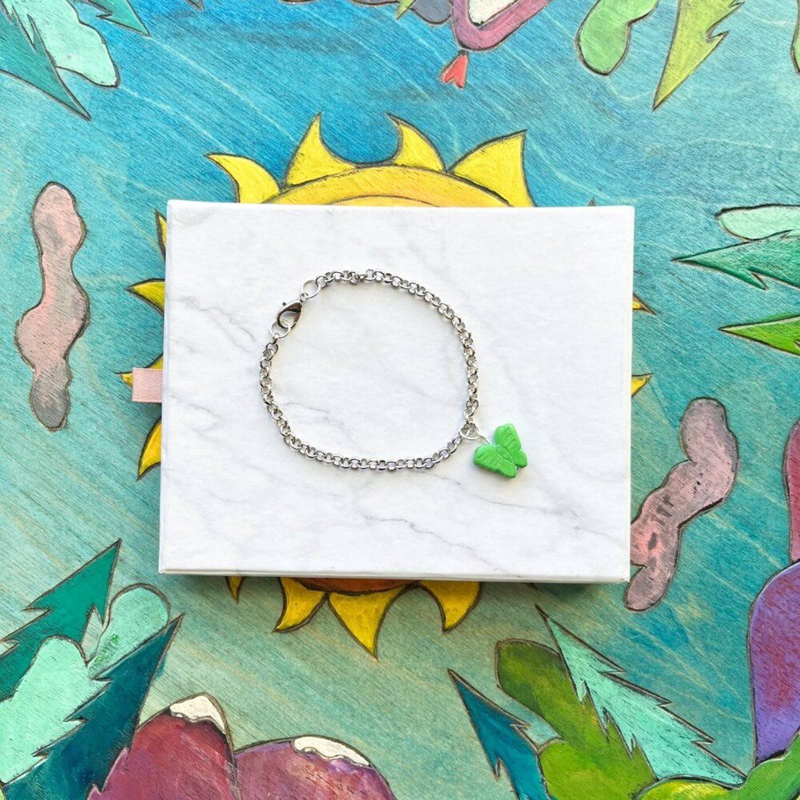 Green Butterfly Charm Silver Chain Bracelet