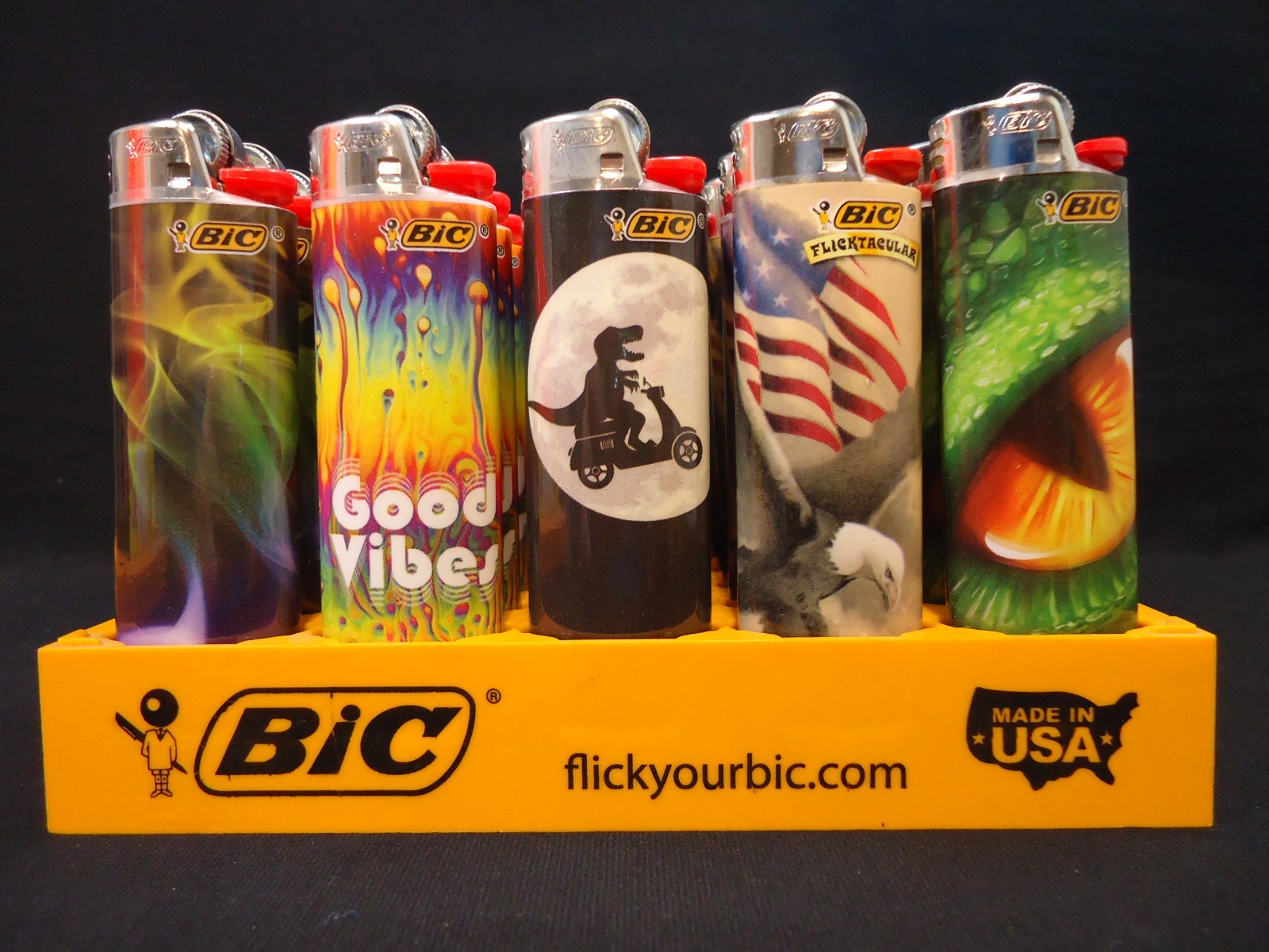 9 Bic Lighters Good Vibes Dinosaur American Eagle & Flag Dragon Beer Heart Lines
