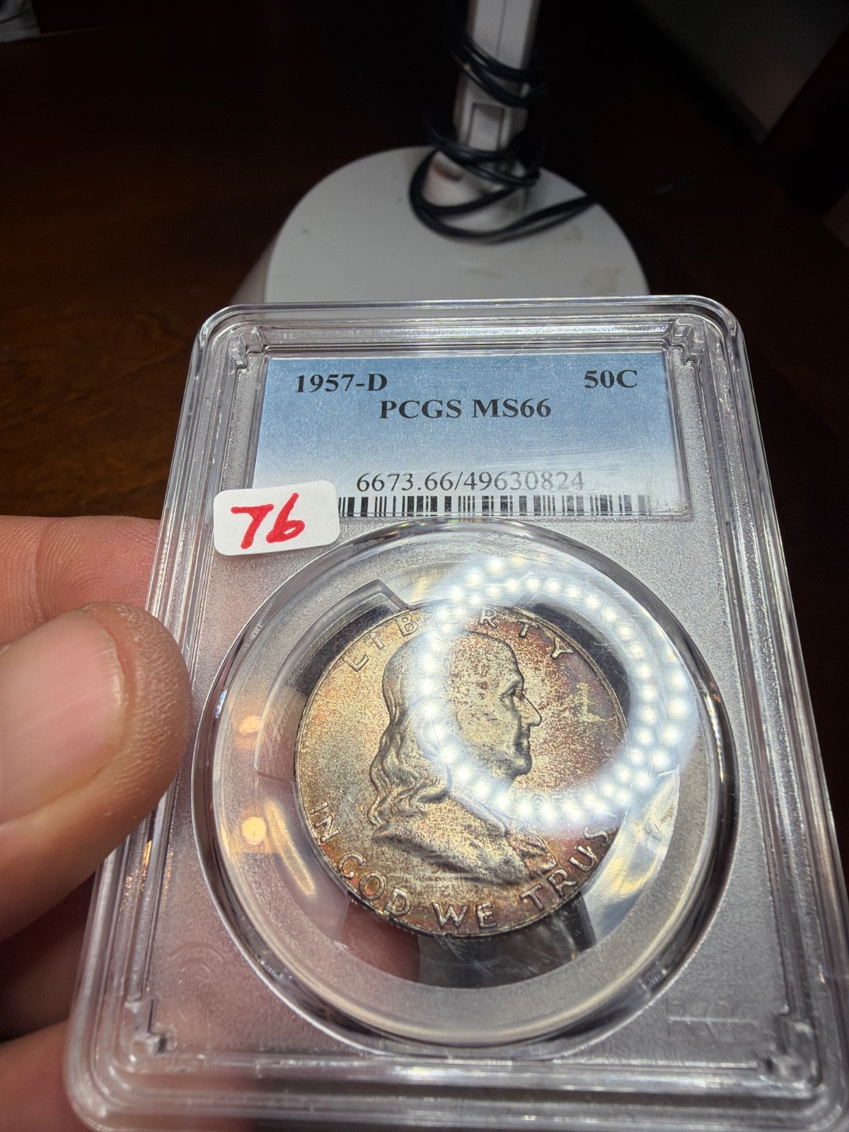 Dual Sided Toner w Rainbow on Obv! 1957-D Franklin Half PCGS MS66. Item No 76