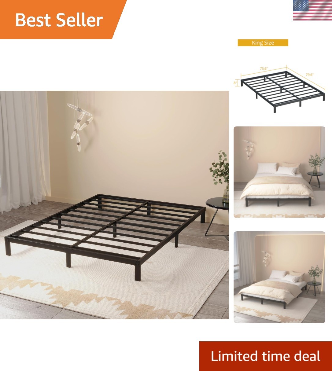 Majestic King Size Bed Frame - Heavy Duty and Box Spring Free, 3000 lb Support