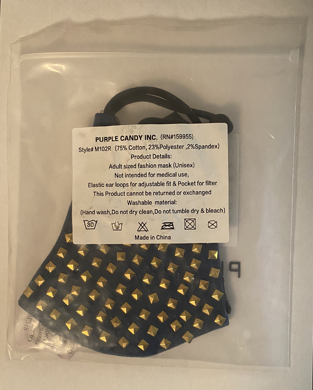 Blue Denim Gold Stud Face Mask With Adjustable Straps