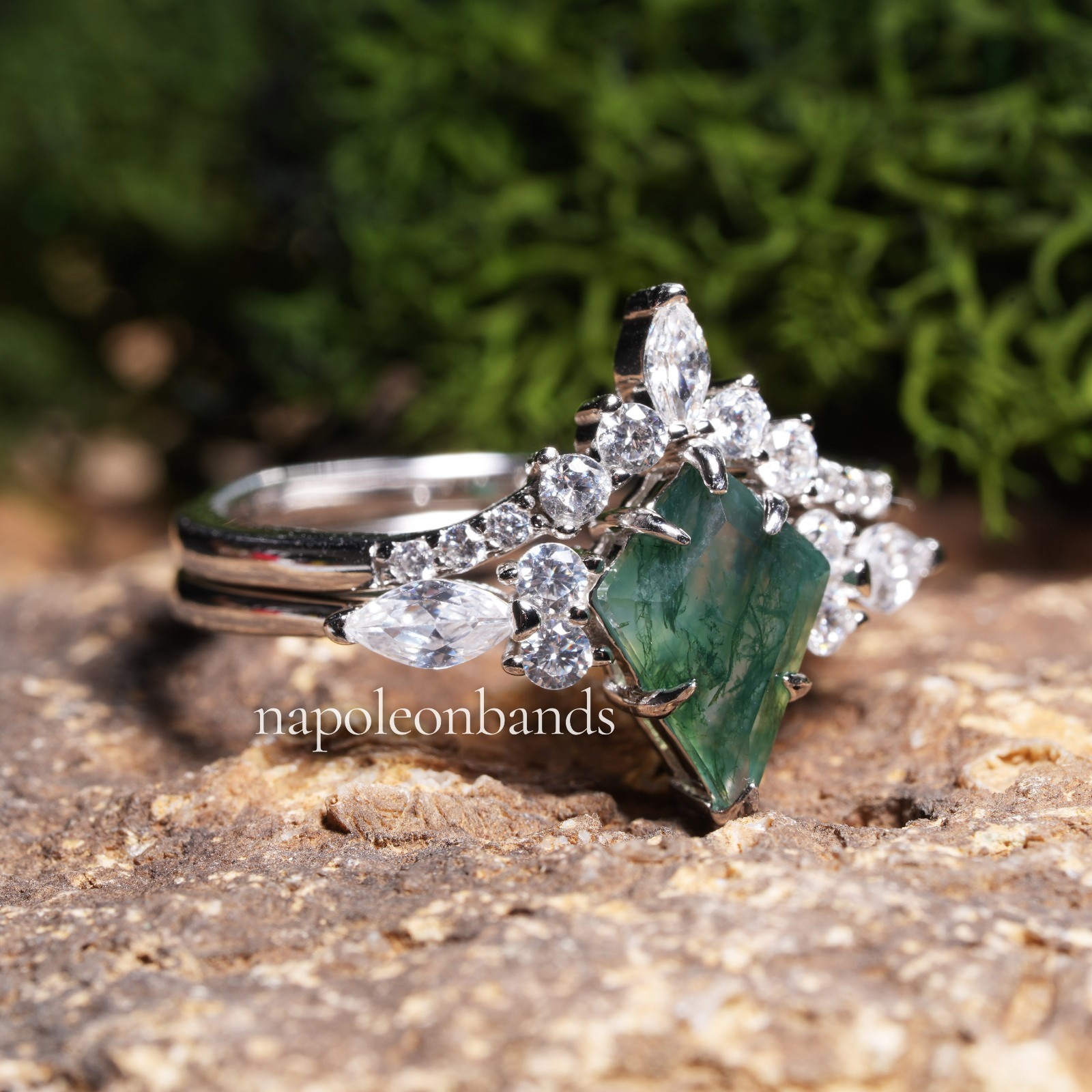 Kite Cut Green Moss Agate Ring Sterling Silver, Stackable Engagement Ring