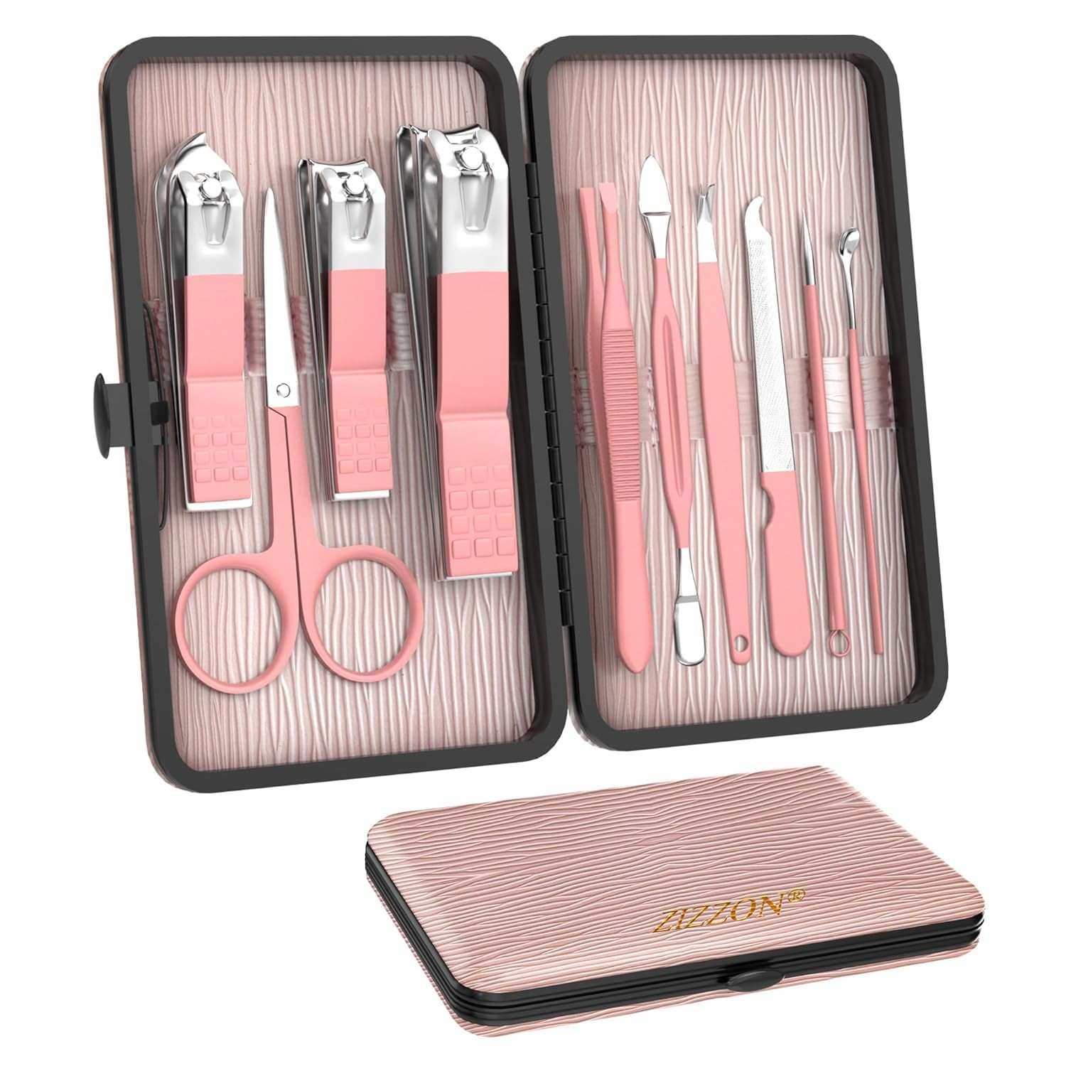 ZIZZON Travel Mini Manicure Set Nail Clipper 10 in 1 10 Piece Set, Pink