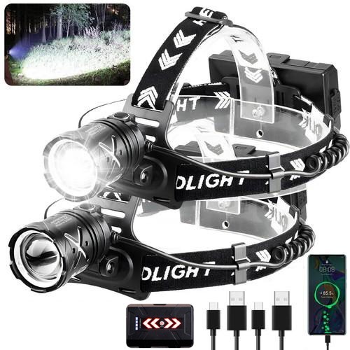 2PC 1200000Lumen Super Bright LED Headlamp Rechargeable Tactical Zoom Head Torch