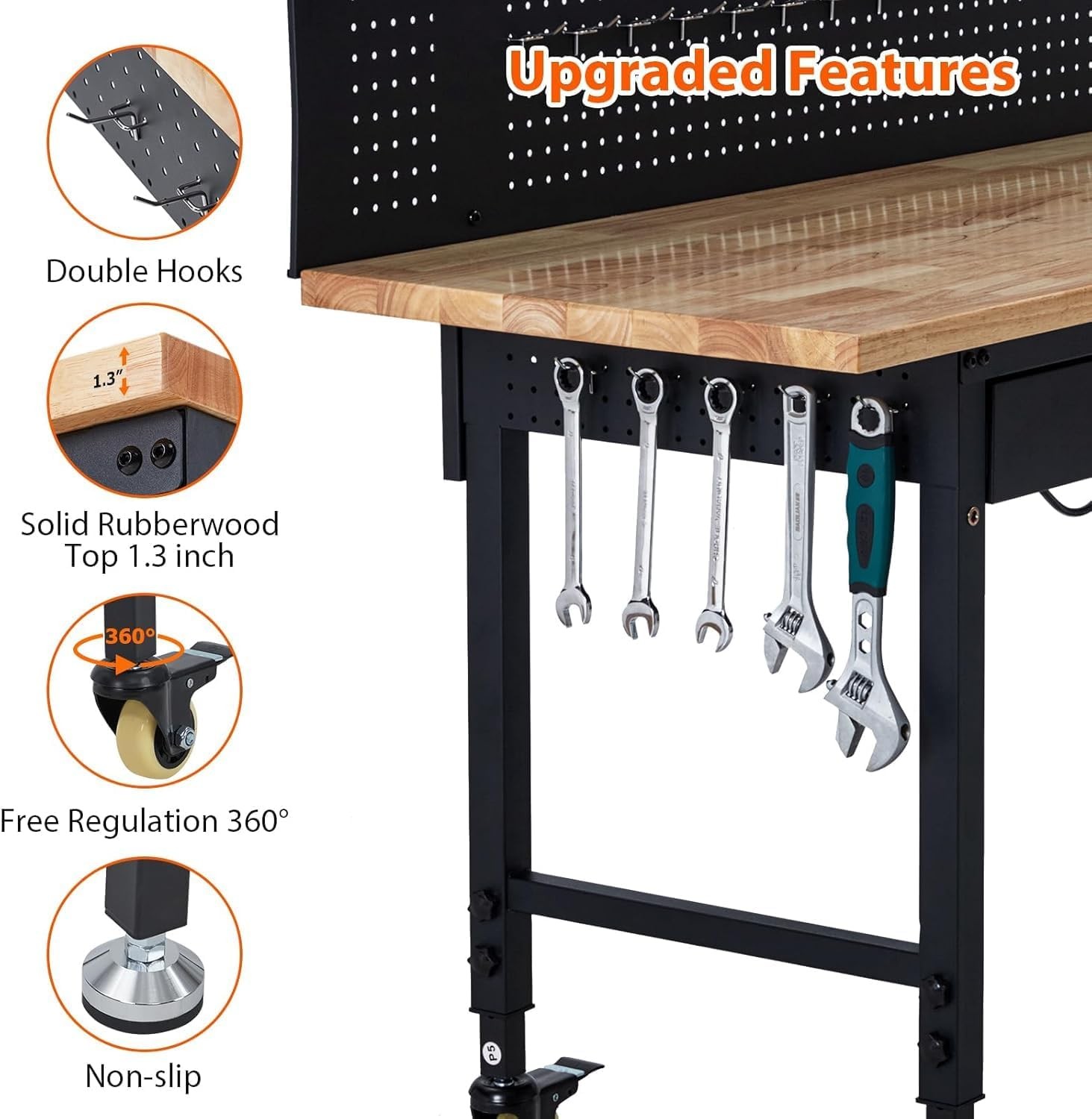 Workbench with Storage Drawer,Pegboard,Wheels Work Table for Garage,Workshop,60"