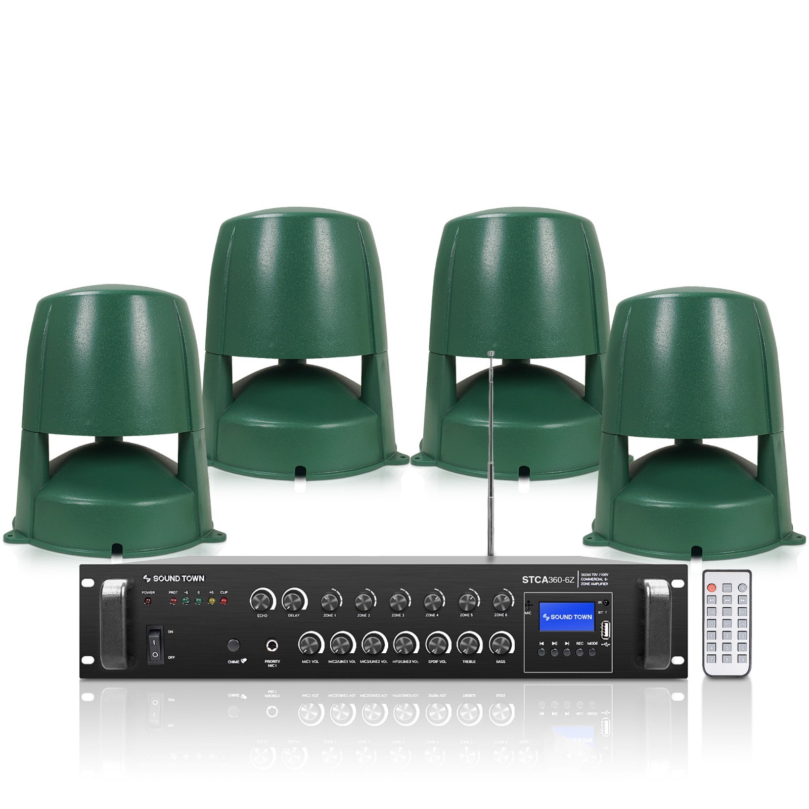 Sound Town 6-Zone 70V/100V Amp, 4 x 6.5" Omni Speakers, Green (STCA360X4OMNI62G)