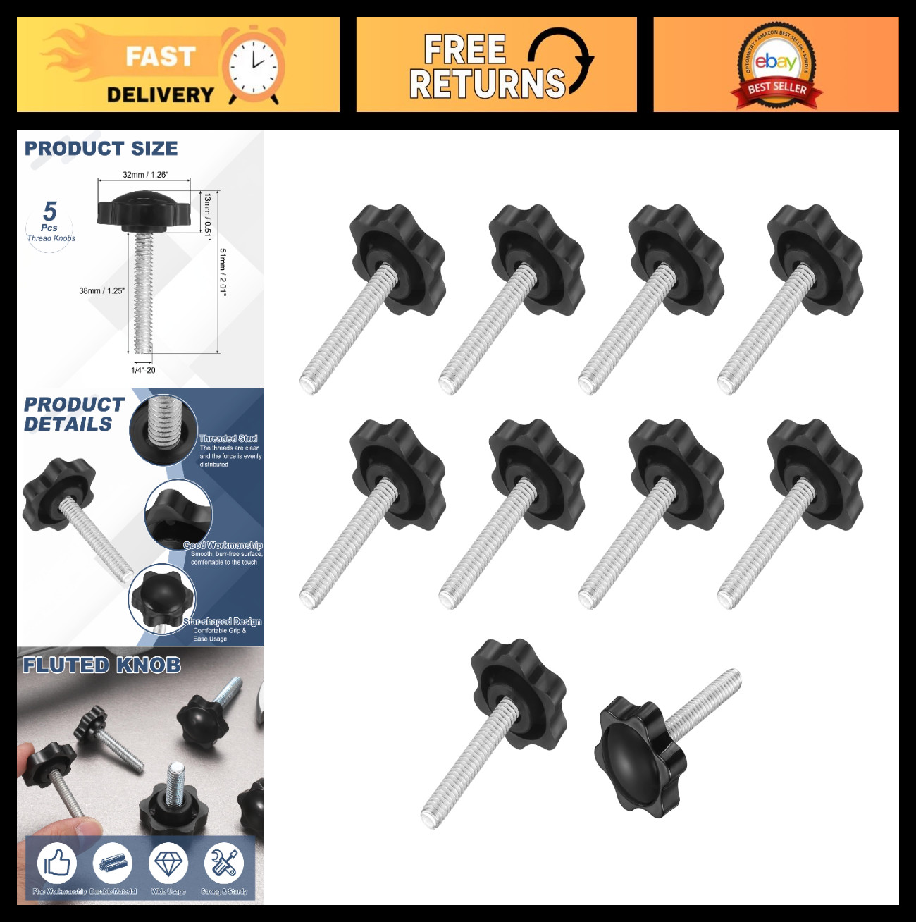 5Pcs 1/4"-20 Star Knobs, 1.5" Plastic Clamping Screws for Tools & Furniture