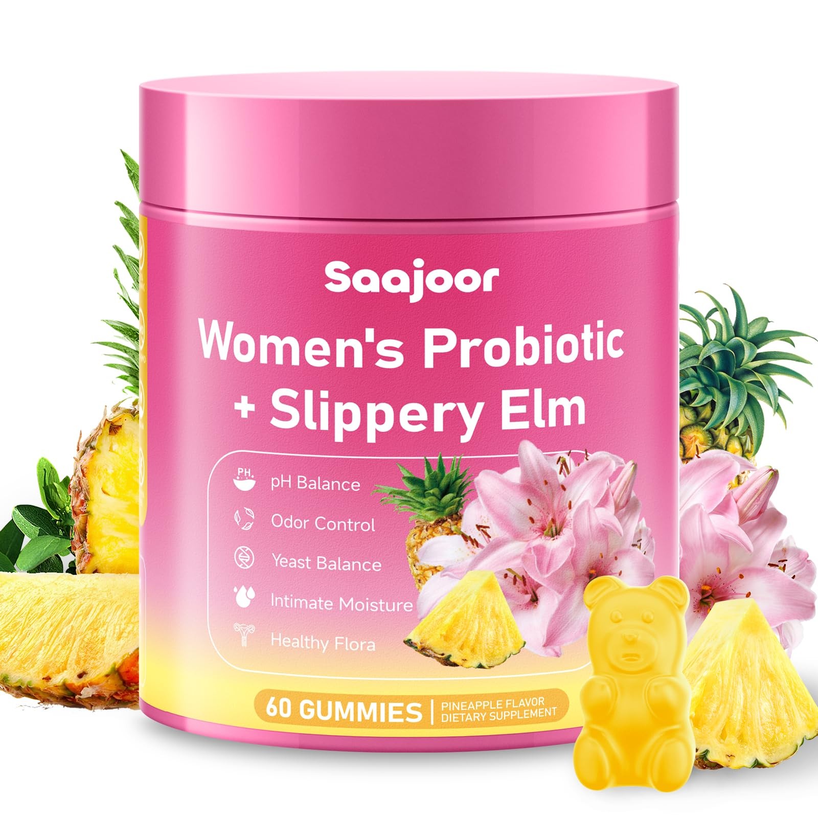 Women Probiotic Slippery Elm Gummies - Supports pH Balance, Digestive &...