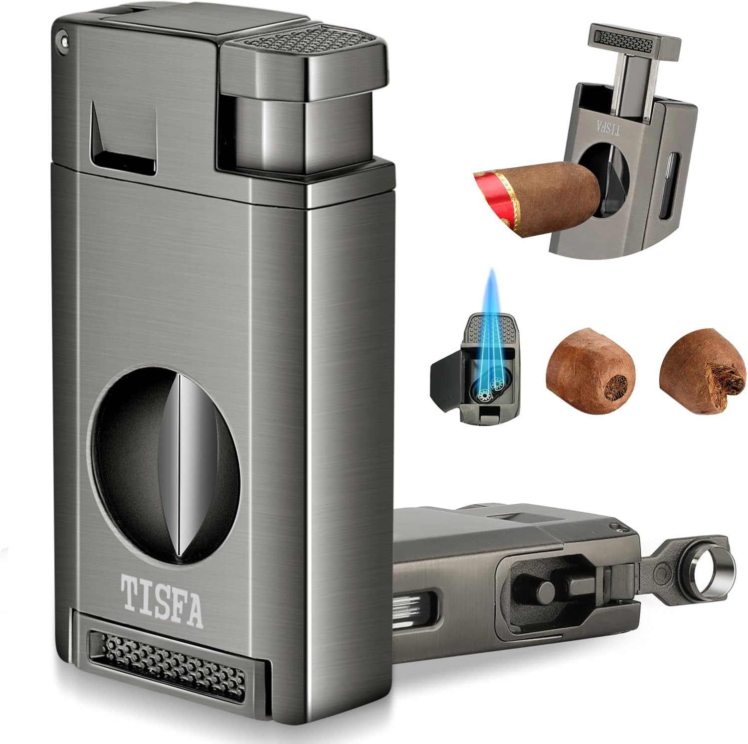 Torch Lighter with Cigar V Cutter, Hole Punch, Double Jet Flame Refillable Butan