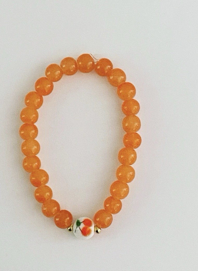 Handcrafted Beaded Bracelet Glass Orange White Round Flower Dangle Charm