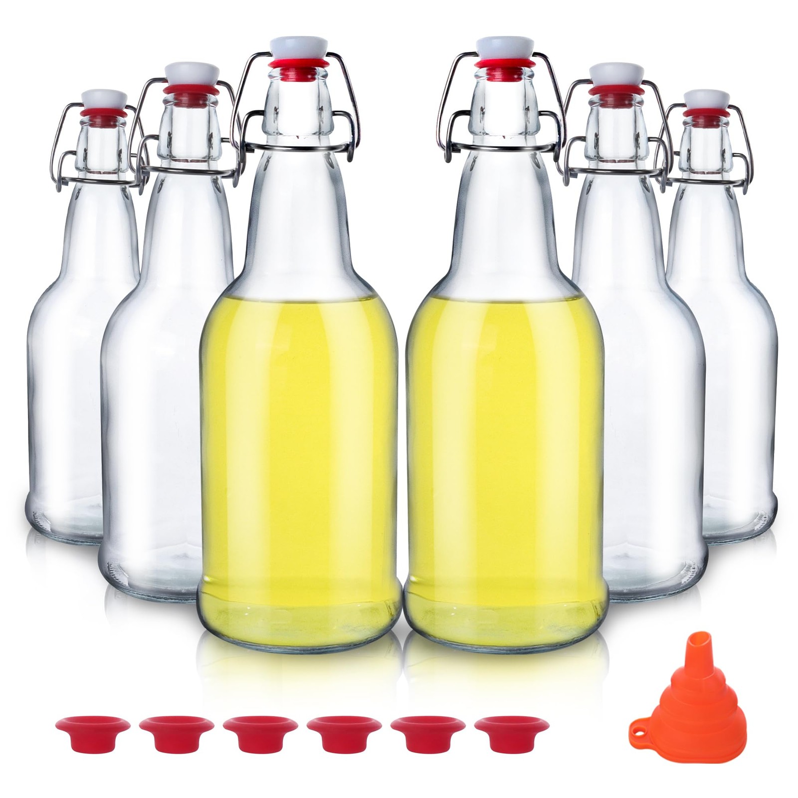 6 Pack 16oz Reusable Glass Swing Top Bottles with Airtight Lid for Home Brewing