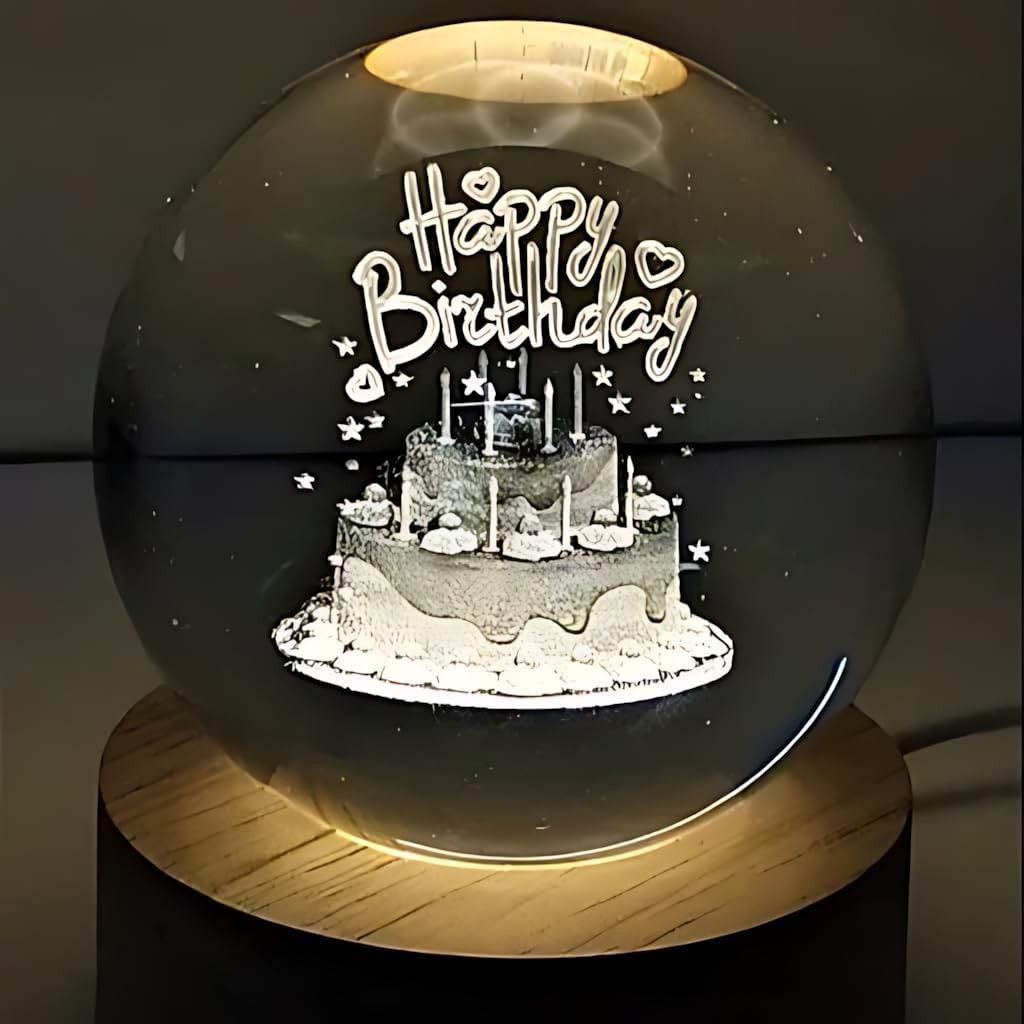 3D Crystal Happy Birthday Lamp Engraved Crystal Ball LED Light with Wooden Base