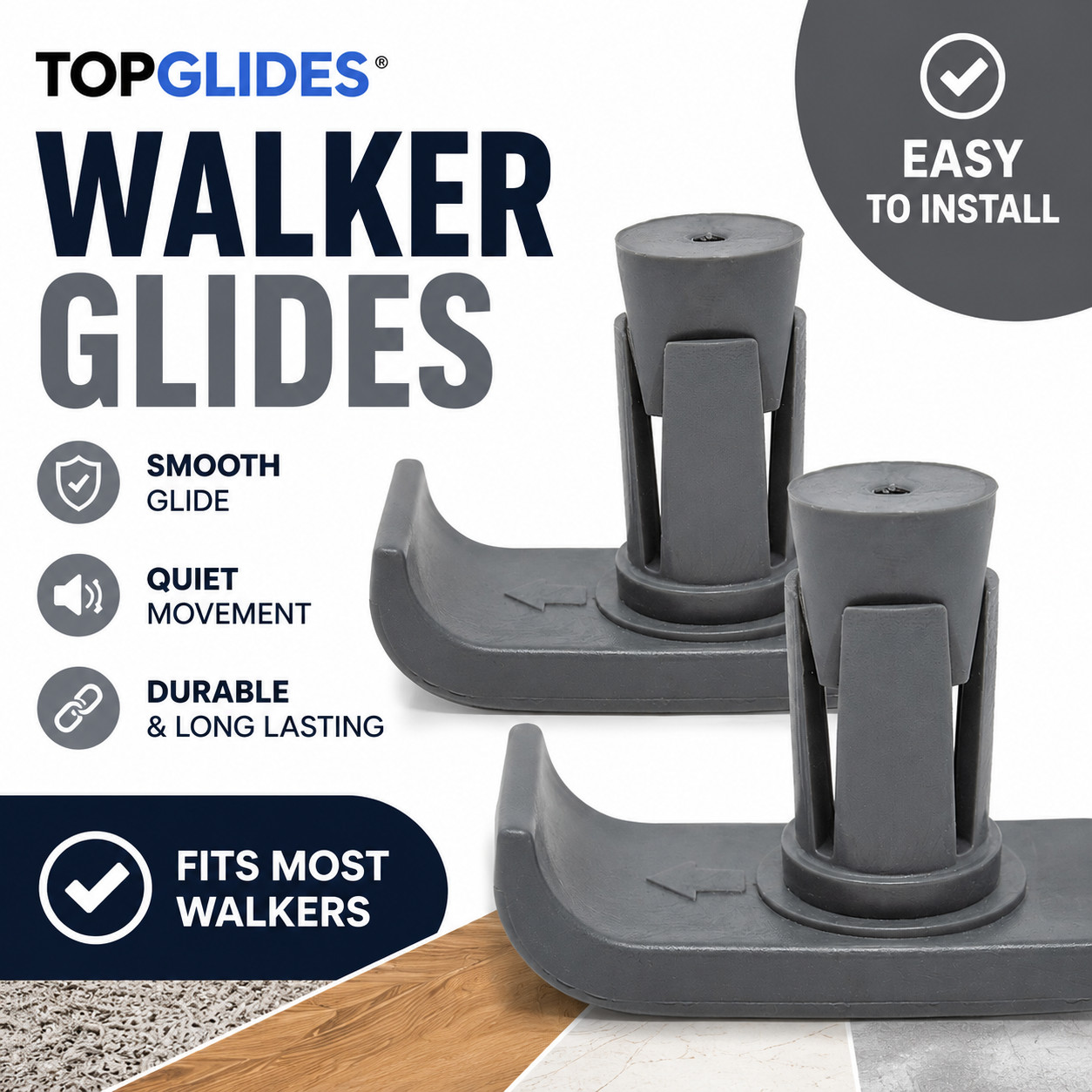 2PCS Top Glides Universal FlexFit Walker Ski Glides - 1 Pair