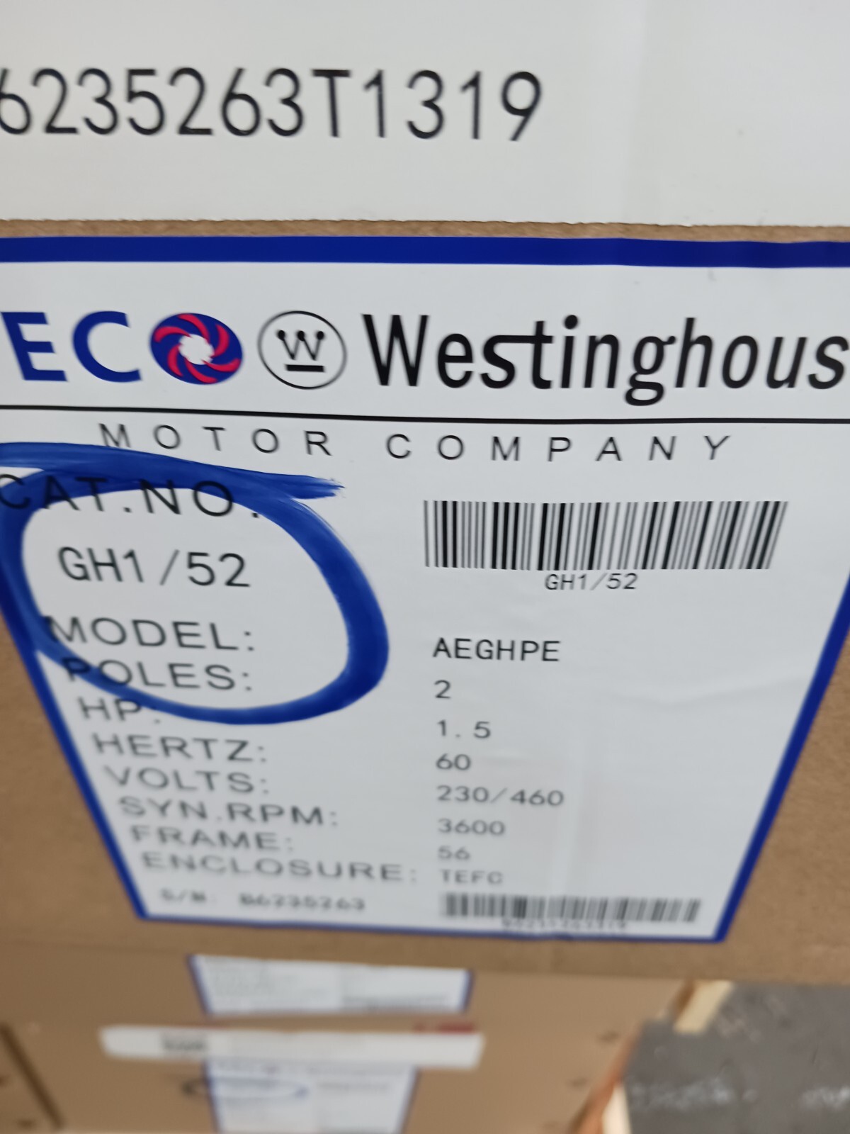 NEW TECO 1..5 HP AC ELECTRIC MOTOR 56 FRAME 230/460 VAC 3600 RPM TEFC GH1/52