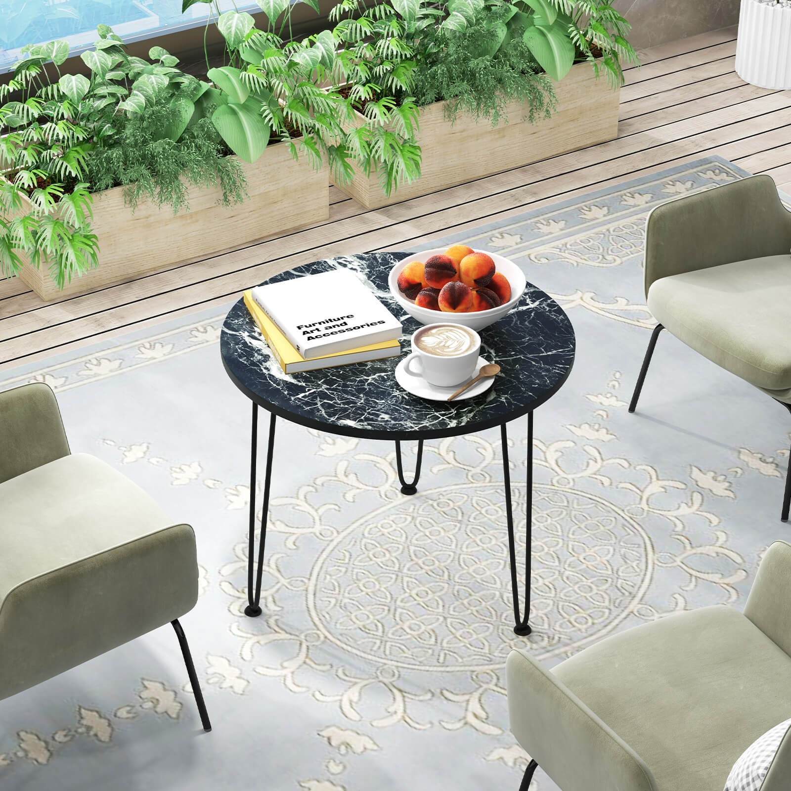 Small Round Coffee Table w/ Thickened Tabletop & Metal Tripod Legs Faux Marble