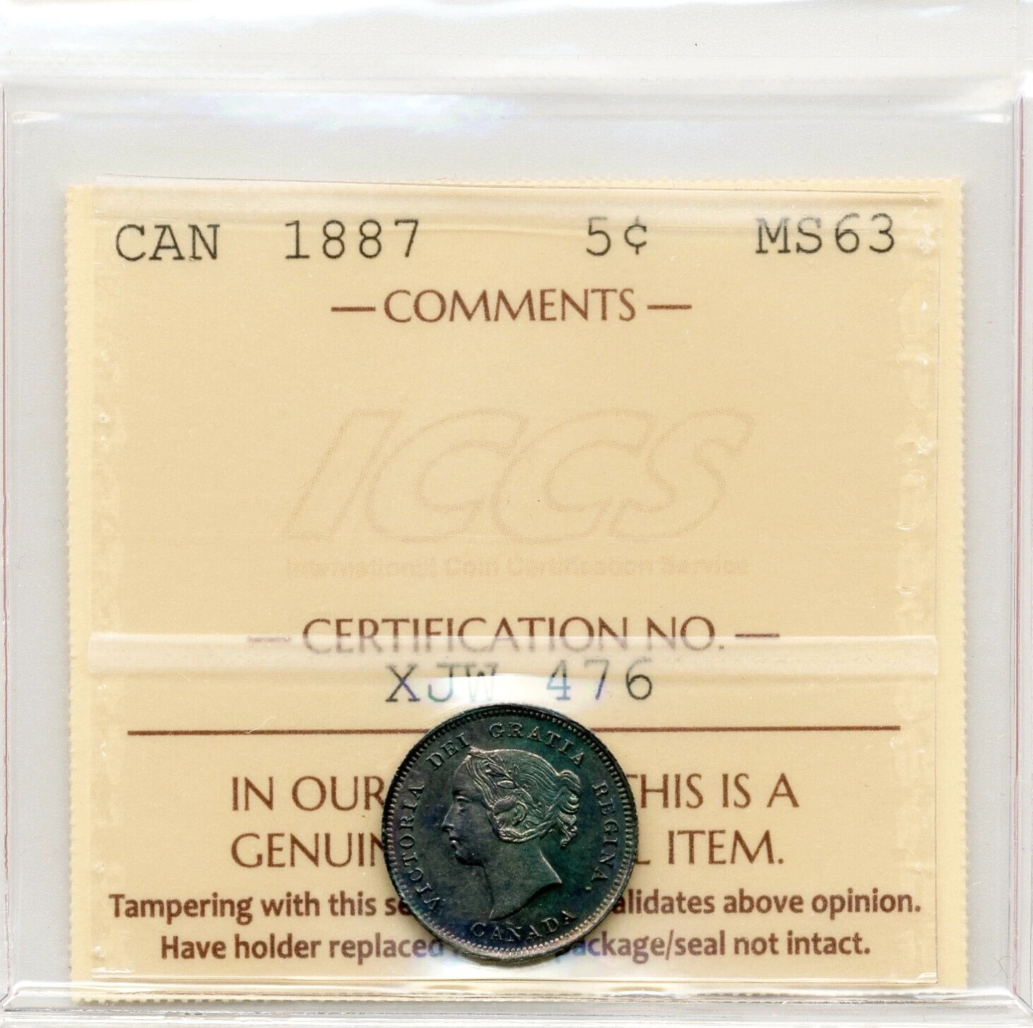 1887 Canada 5 Cent - Choice Uncirculated, ICCS MS63, Iridescent Toning