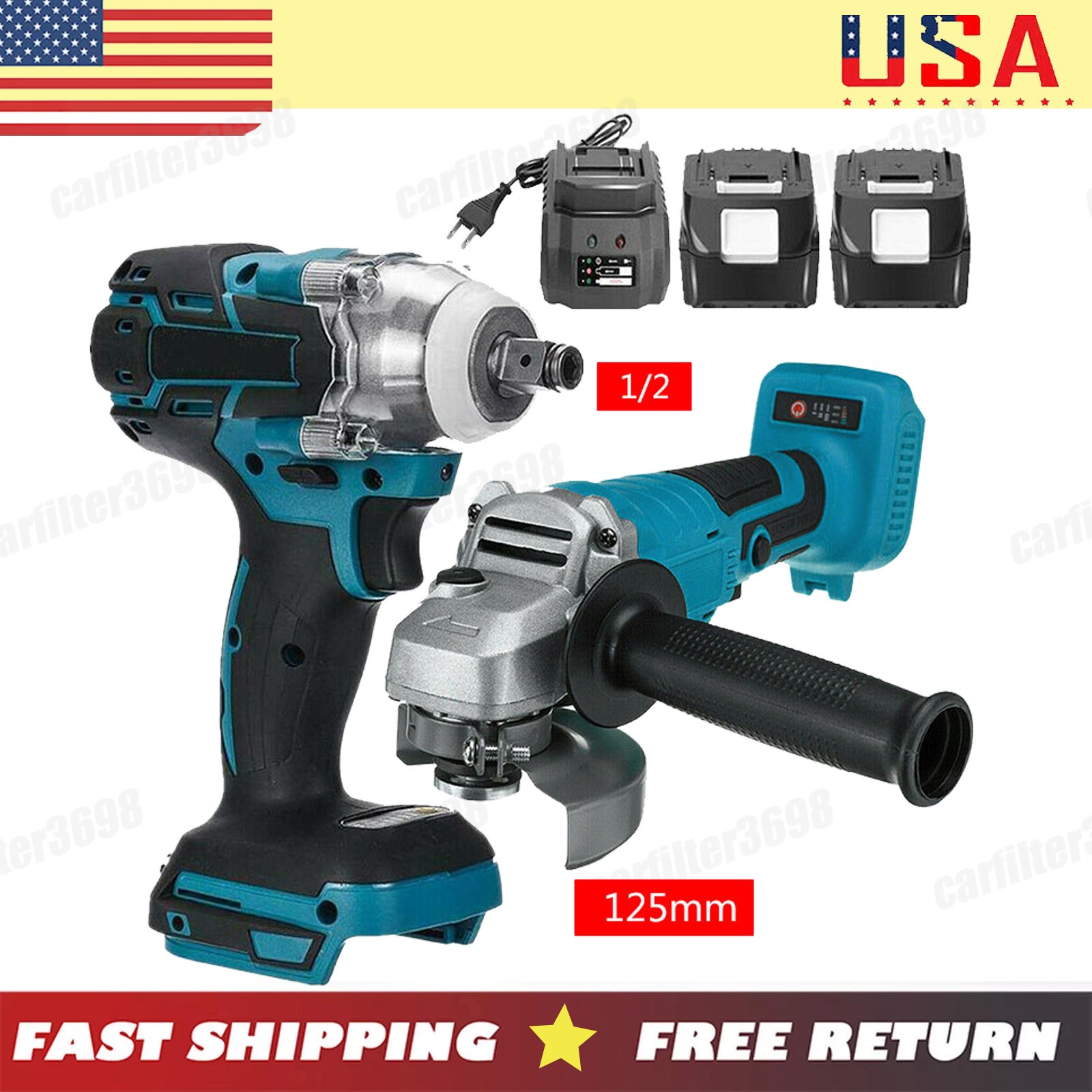 125 mm 18V Tools Combo Kit 1/2" Impact Wrench Angle Grinder+2 Battery For Makita