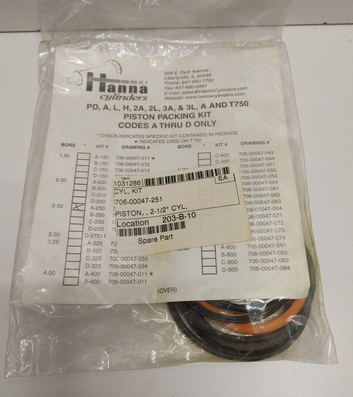 NEW OLD STOCK! HANNA PISTON PACKING KIT 706-00047-251