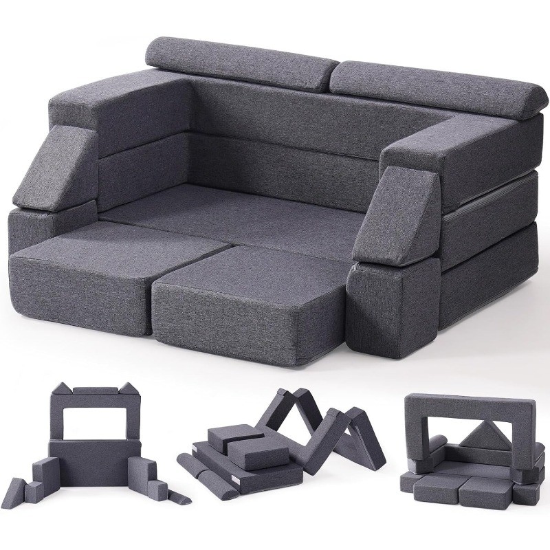 Kids Couch, Gray Modular Kids Play Couch, DIY-Style & Washable Toddler Sofa