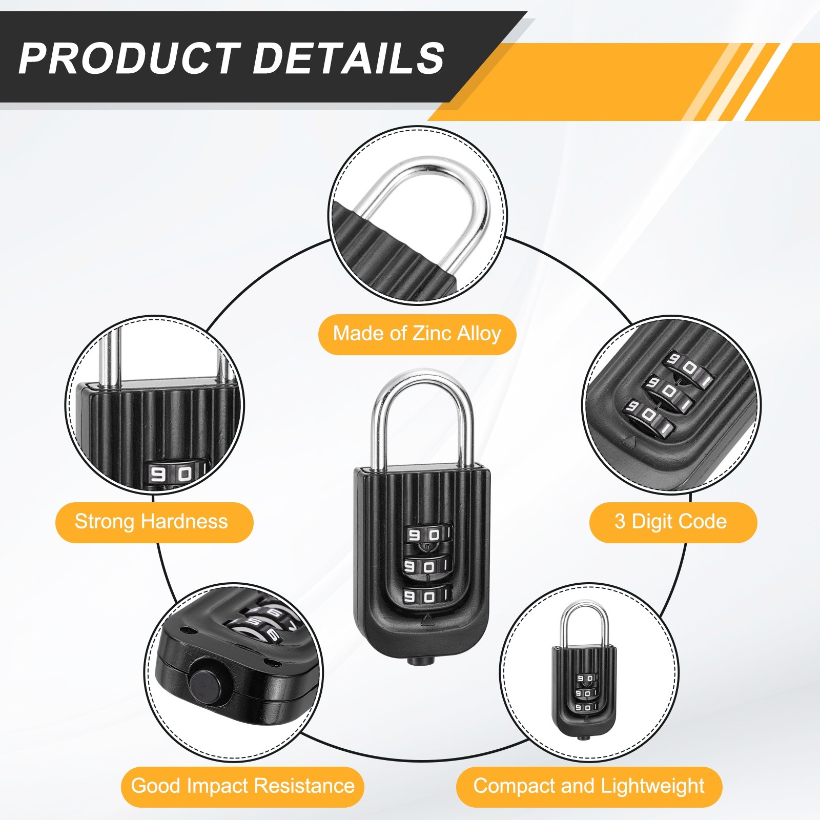 Resettable 3 Digit Combination Lock Code Padlock, Black (65 x 30mm)