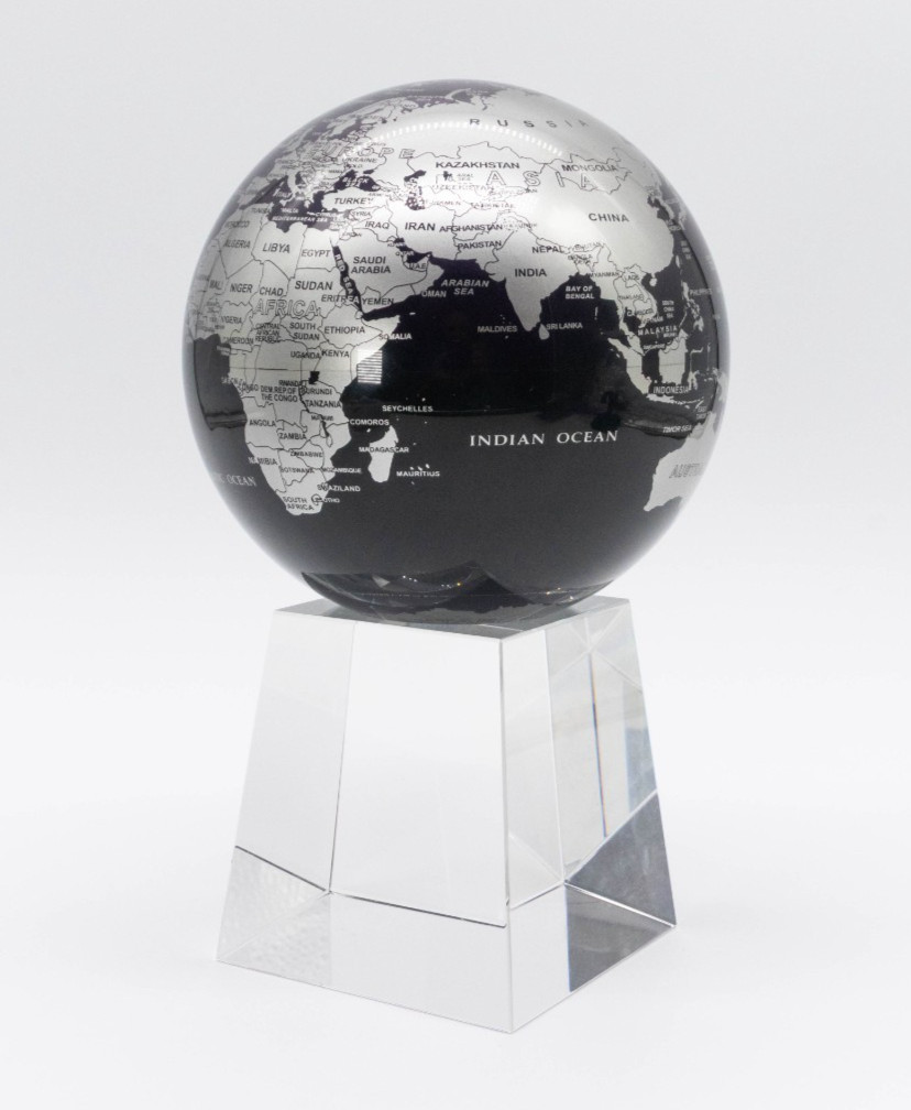 MOVA Globe - 4.5" Black Silver World Map Self Rotating Crystal Base with Box