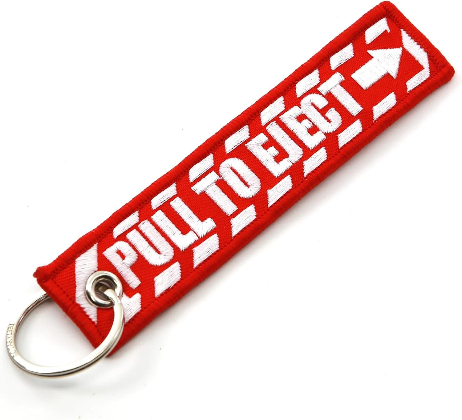 PULL to EJECT Key Chain - Red with White Embroidered Letters - Quantity = 1