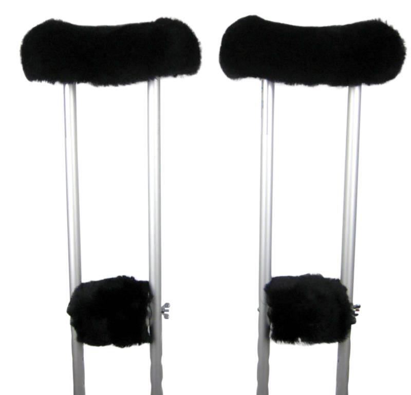 Black Sheepskin Crutch Covers Underarm & Hand Grip Pad 4pc Medical Wool Set