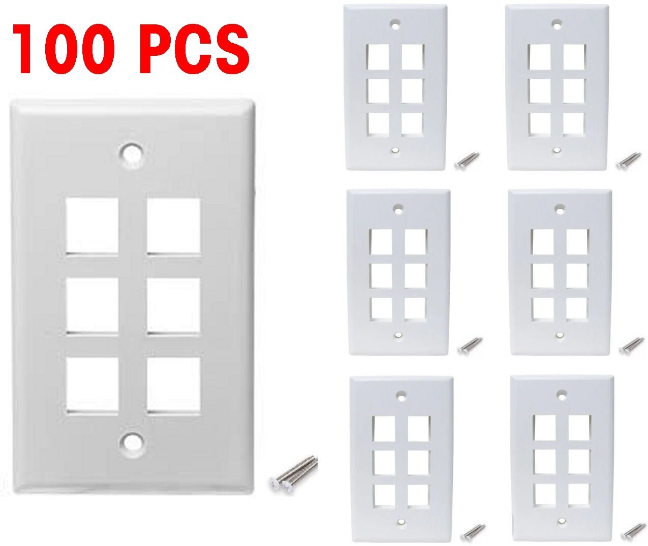 100 PCS Pack 6 Port Keystone Insert Jack CAT5 CAT6 RJ45 Coax Wall Plate WHITE