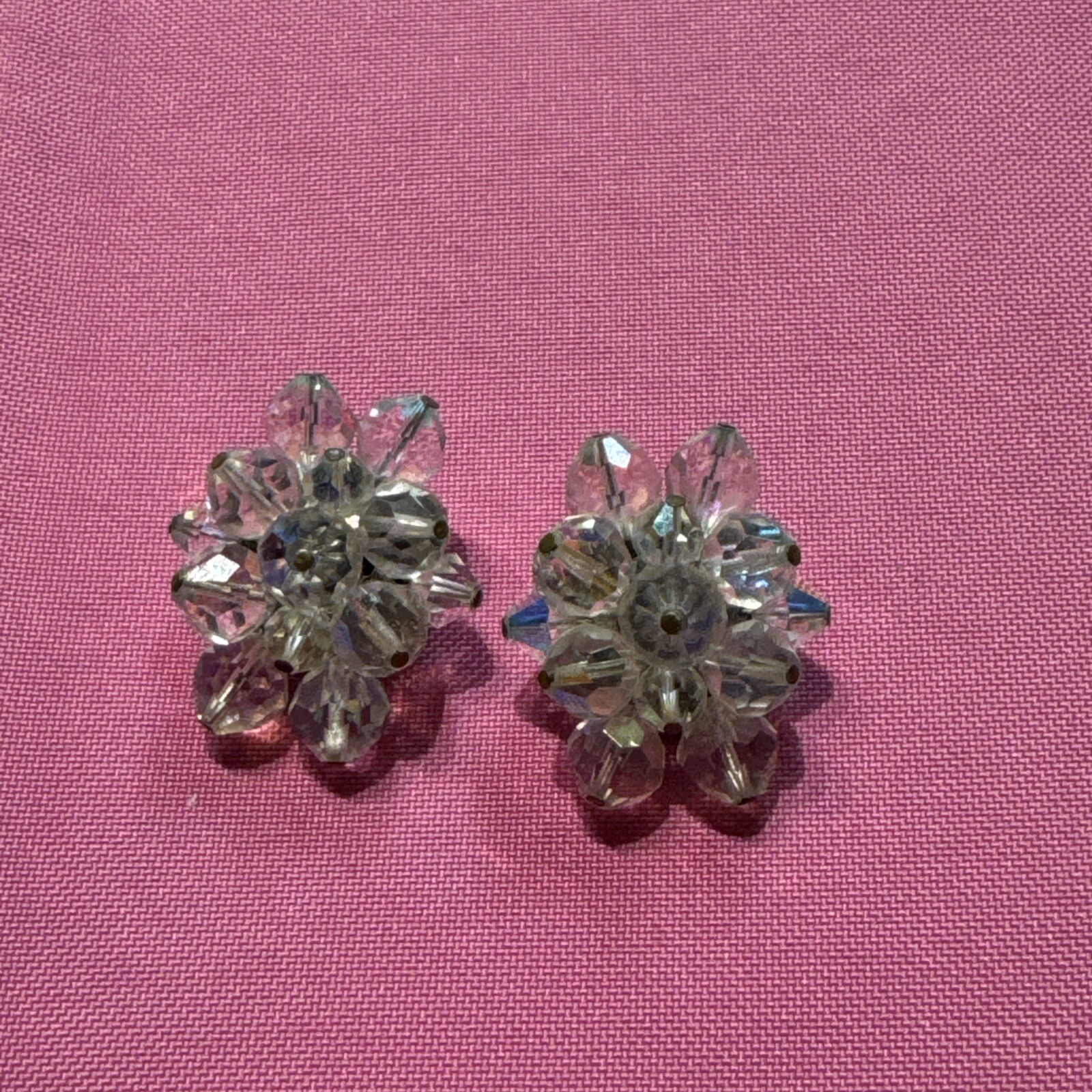 Vintage AB Crystal Cluster Beaded Clip On Earrings Bon15-64