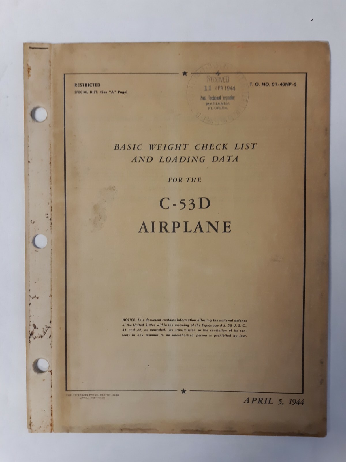 Douglas Model C-53D Airplane Basic Weight Checklist & Loading Data Original
