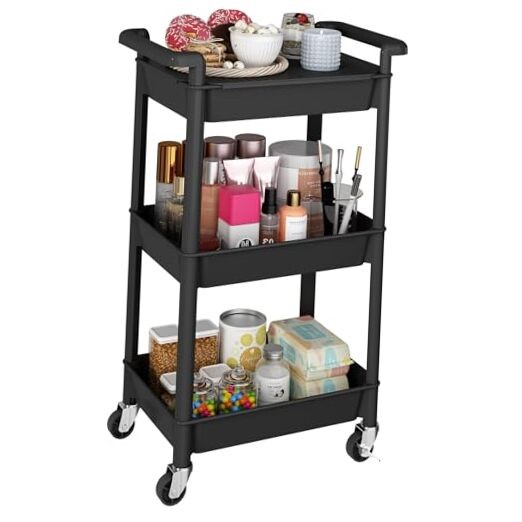 Utility Rolling Cart with Cover Top Board, Mobile Utility Cart 3-Tier Black