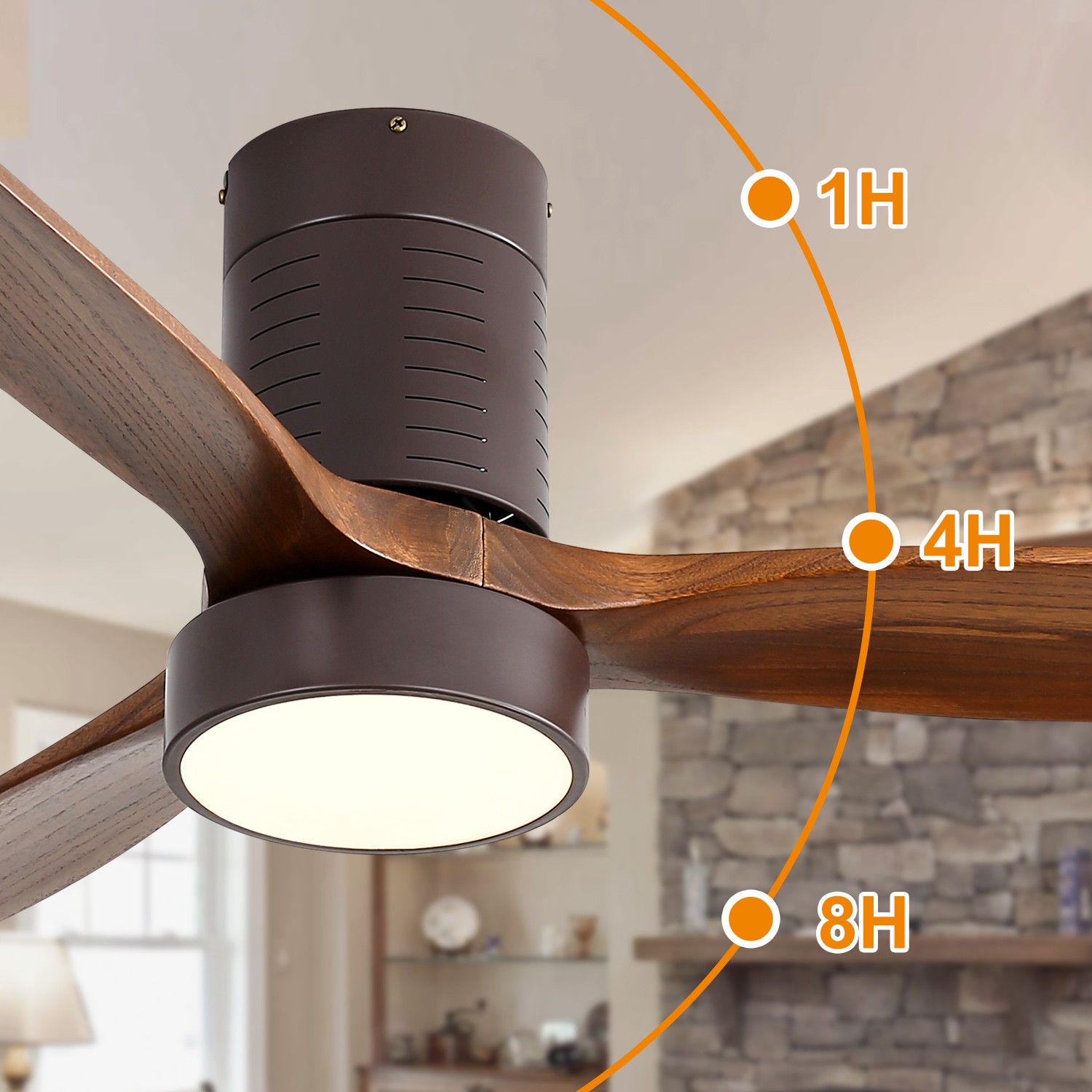 52"Flush Mount Ceiling Fan with LED Light and Remote Control Solid Wood Blades