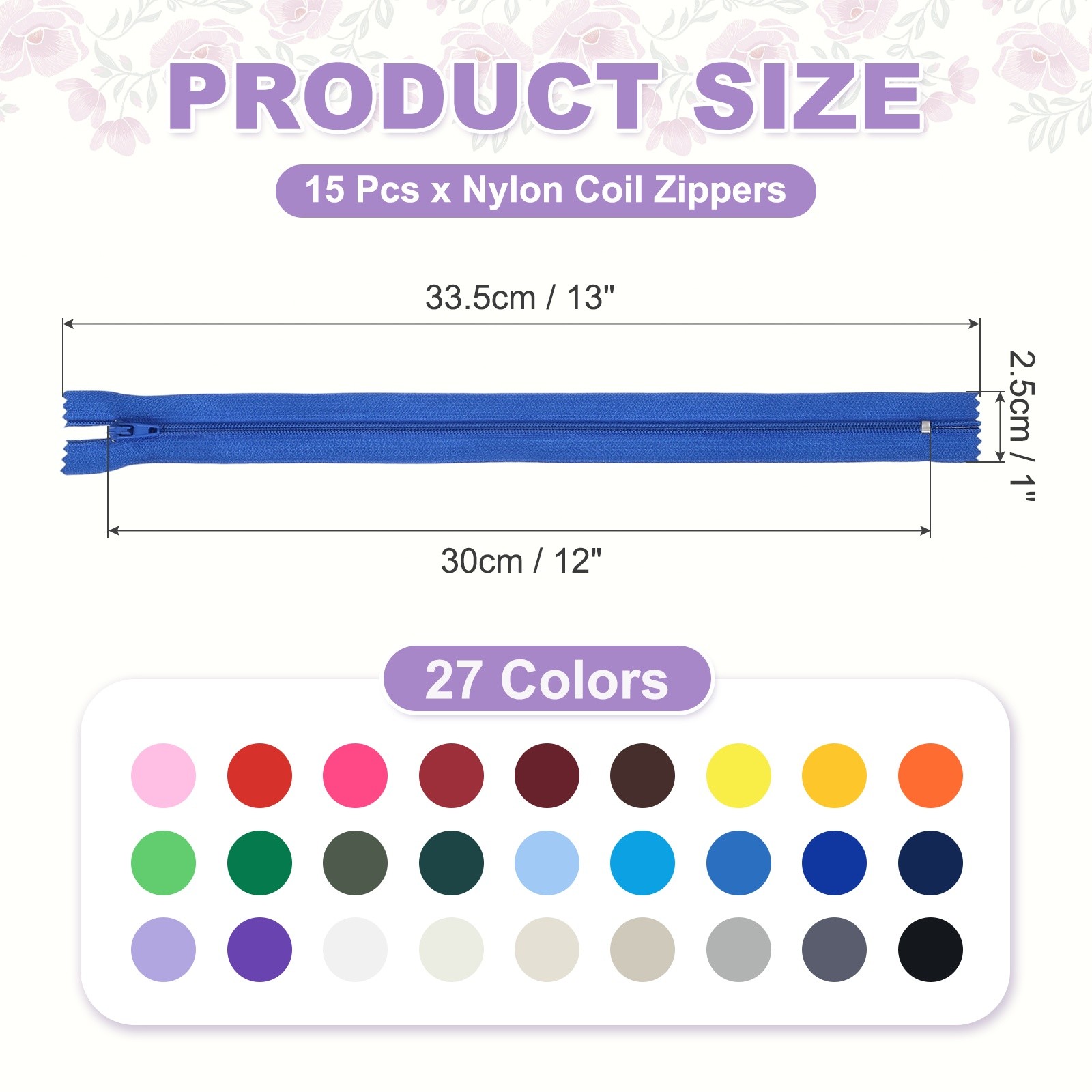 13 Inch Nylon Coil Zippers, #3 Sapphire Blue Sewing Zippers,Pack of 15