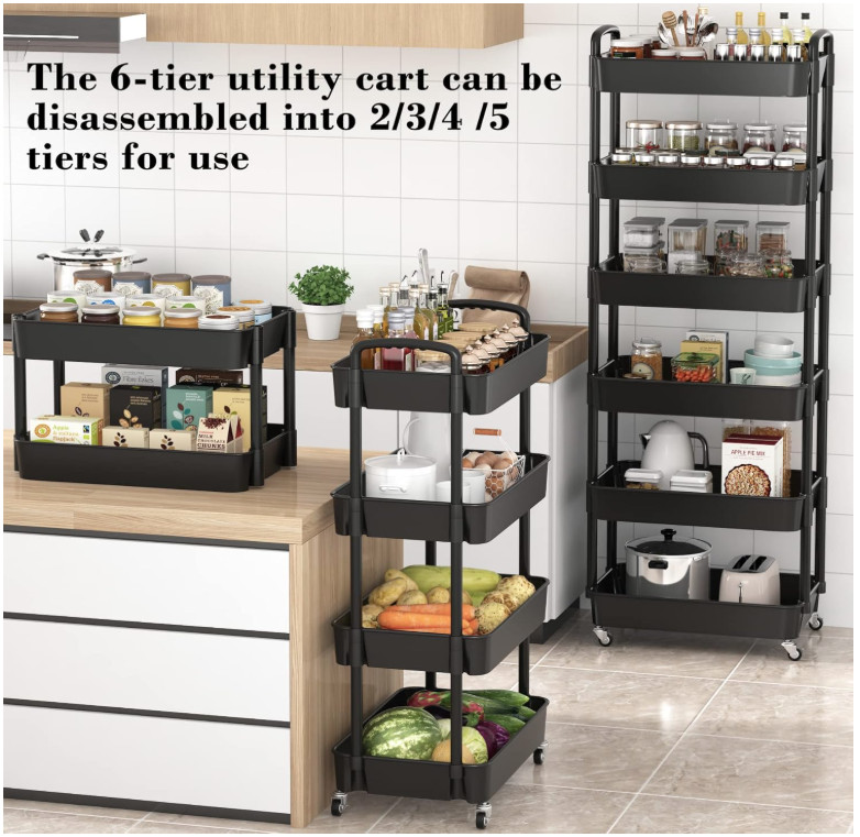 6-Tier Rolling Utility Cart with Handle, Storage Organizer on Wheels, Black