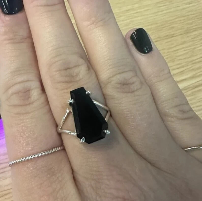 Black Coffin Ring, 925 Sterling Silver Ring, Handmade Silver Ring, Gems All Size