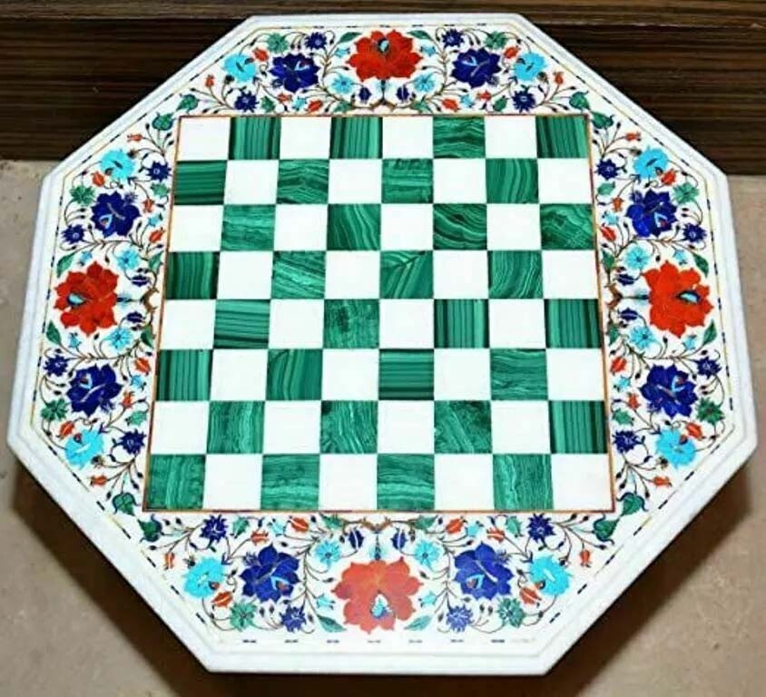18" White Marble Chess Coffee Table Top Handmade Inlay Floral Furniture Decors