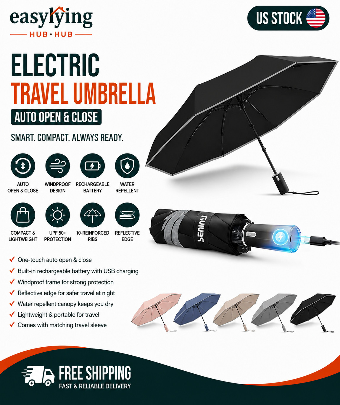 Electric Travel Umbrella Rechargeable Auto Open Close Windproof - Compact