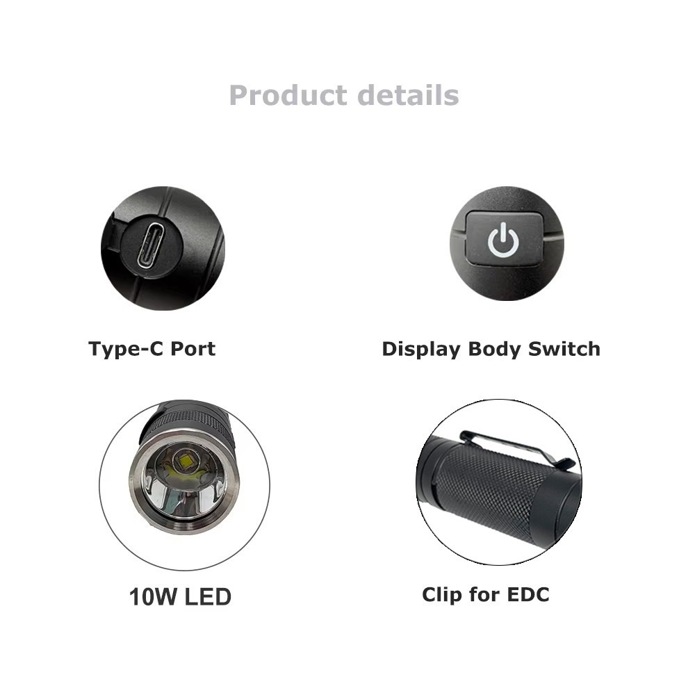 Bright Portable White Flashlight Type-C USB port Rechargeable LED Flashlight