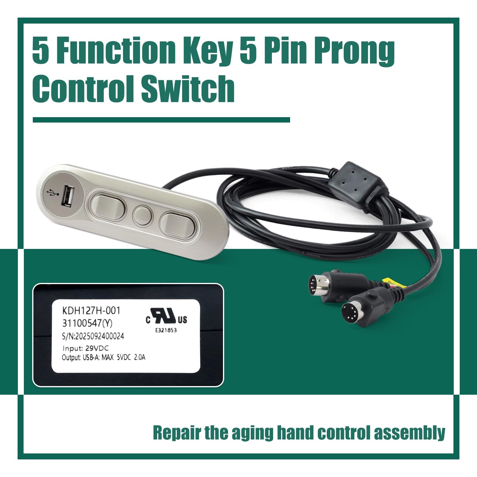 KDH127H001 Hand Control Switch 5 Button Recliner Controller USB Silver
