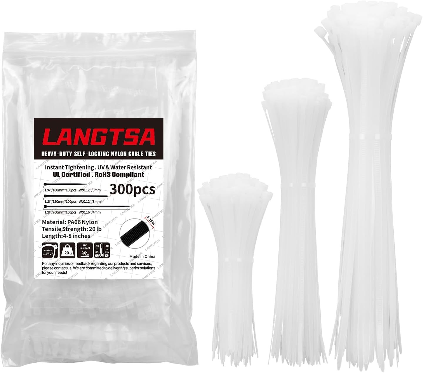 300PCS Nylon Cable Ties Assorted 4-8", LANGTSA