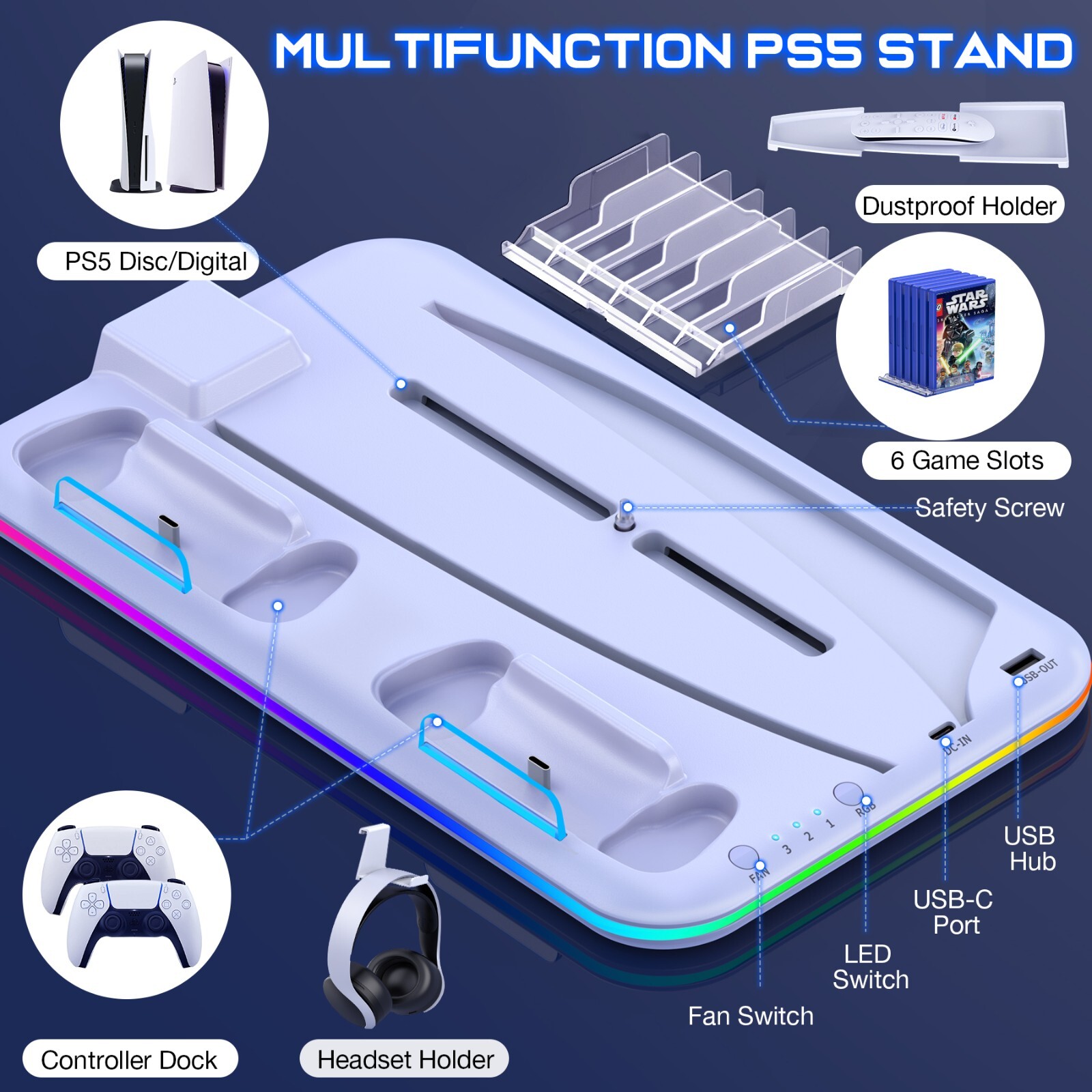 PS5 Slim Stand Cooling Station+Controller Charging Station For PS5 Digital/Disc