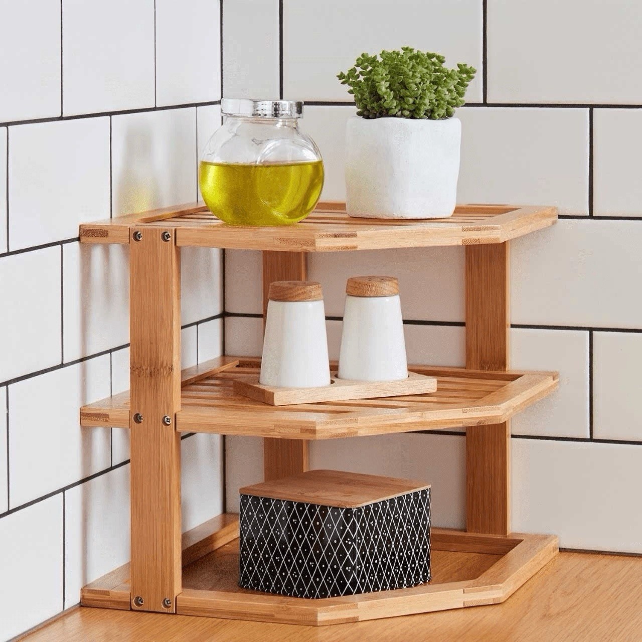 3 Tier Bamboo Wooden Corner Shelf Dish Storage Kitchen Rack Organizer Home Decor