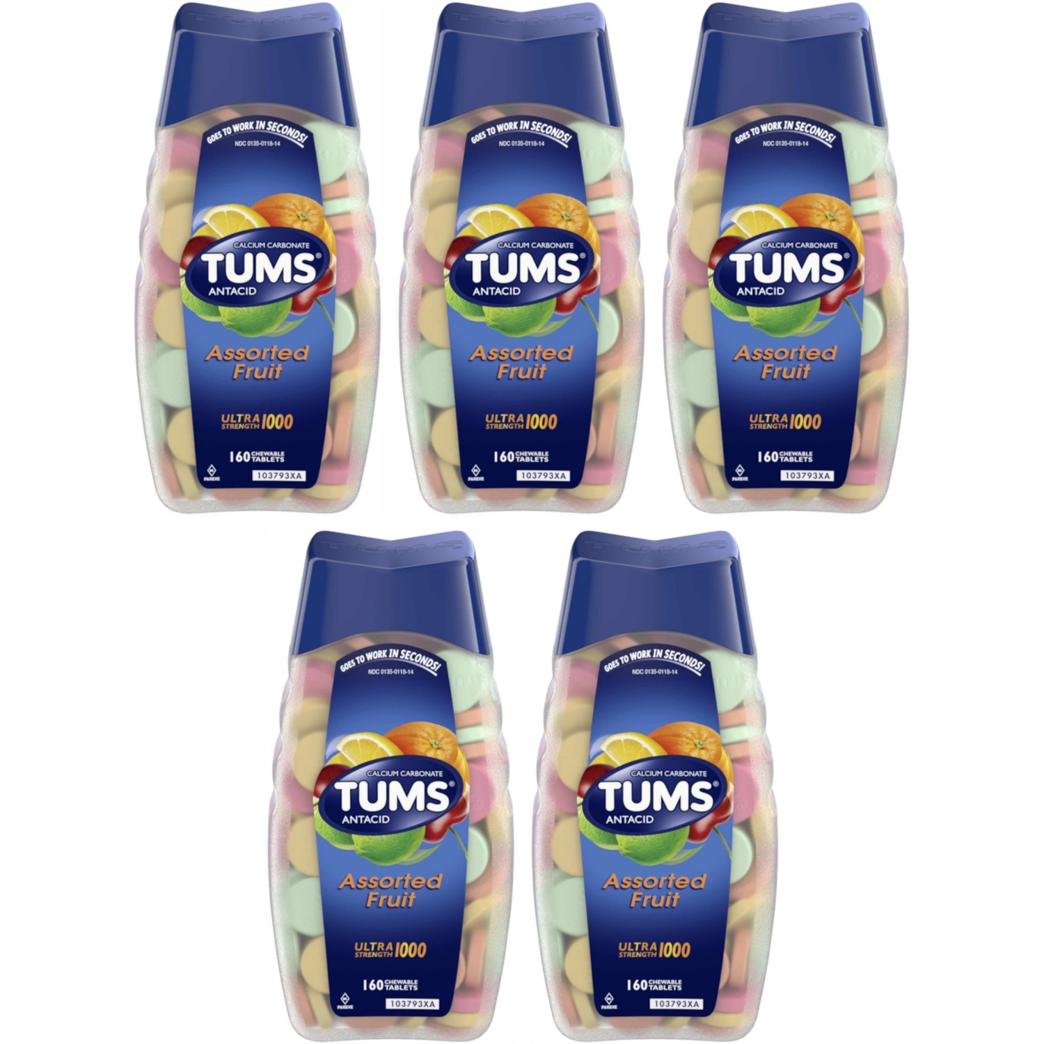 5 Pack Tums Antacid Calcium Ultra Strength 1000 Assorted Fruit 160 Tablets Each