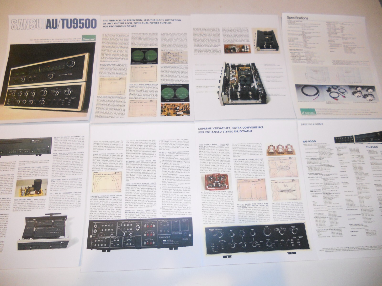 Sansui 1974 Brochure AU-9500 Amplifier, TU9500 Tuner 8 Pgs, Info+Specs, Articles