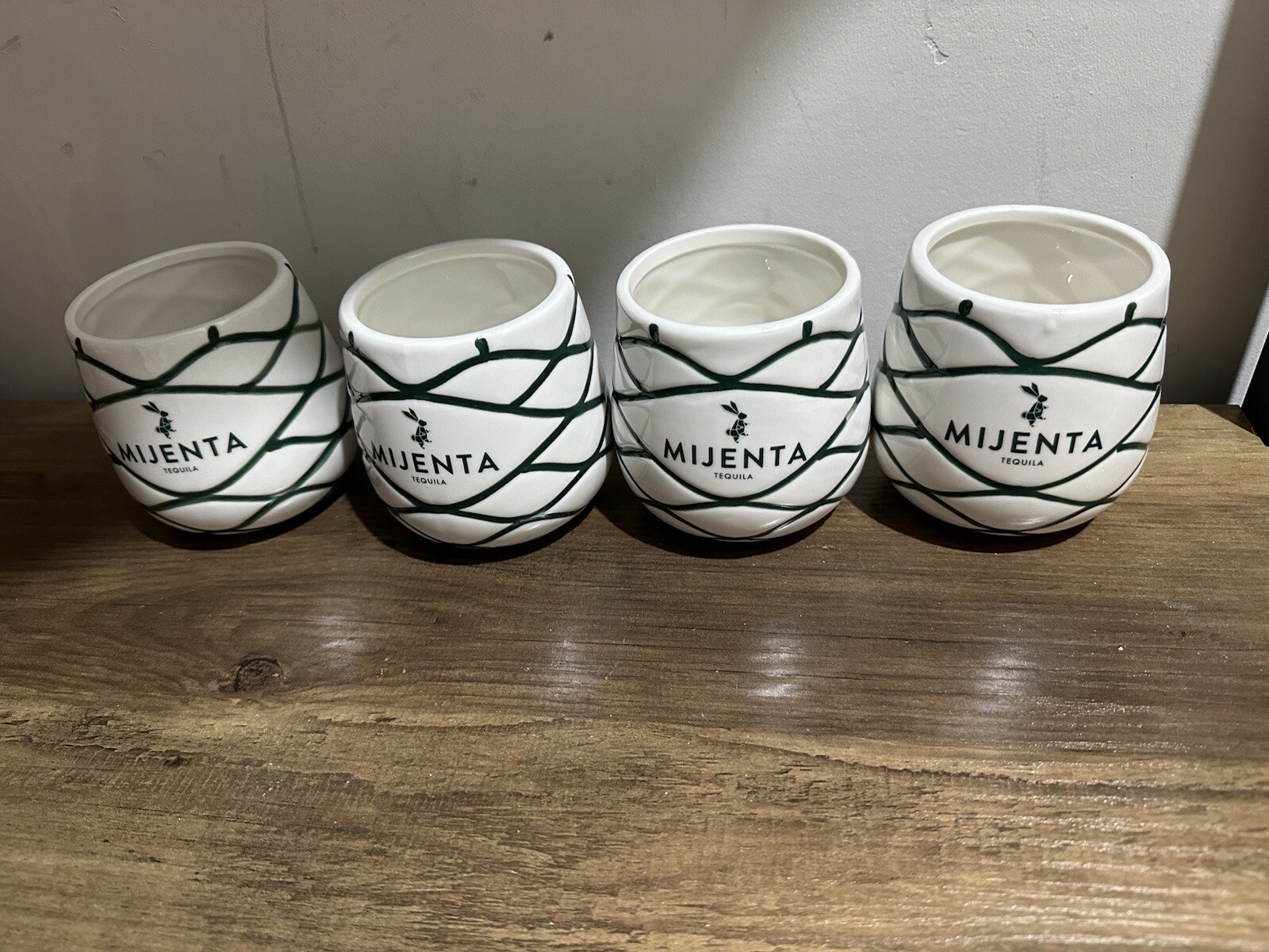 Mijenta Tequila Ceramic Cups Green White Rabbit Design Barware Mug - Set of 2