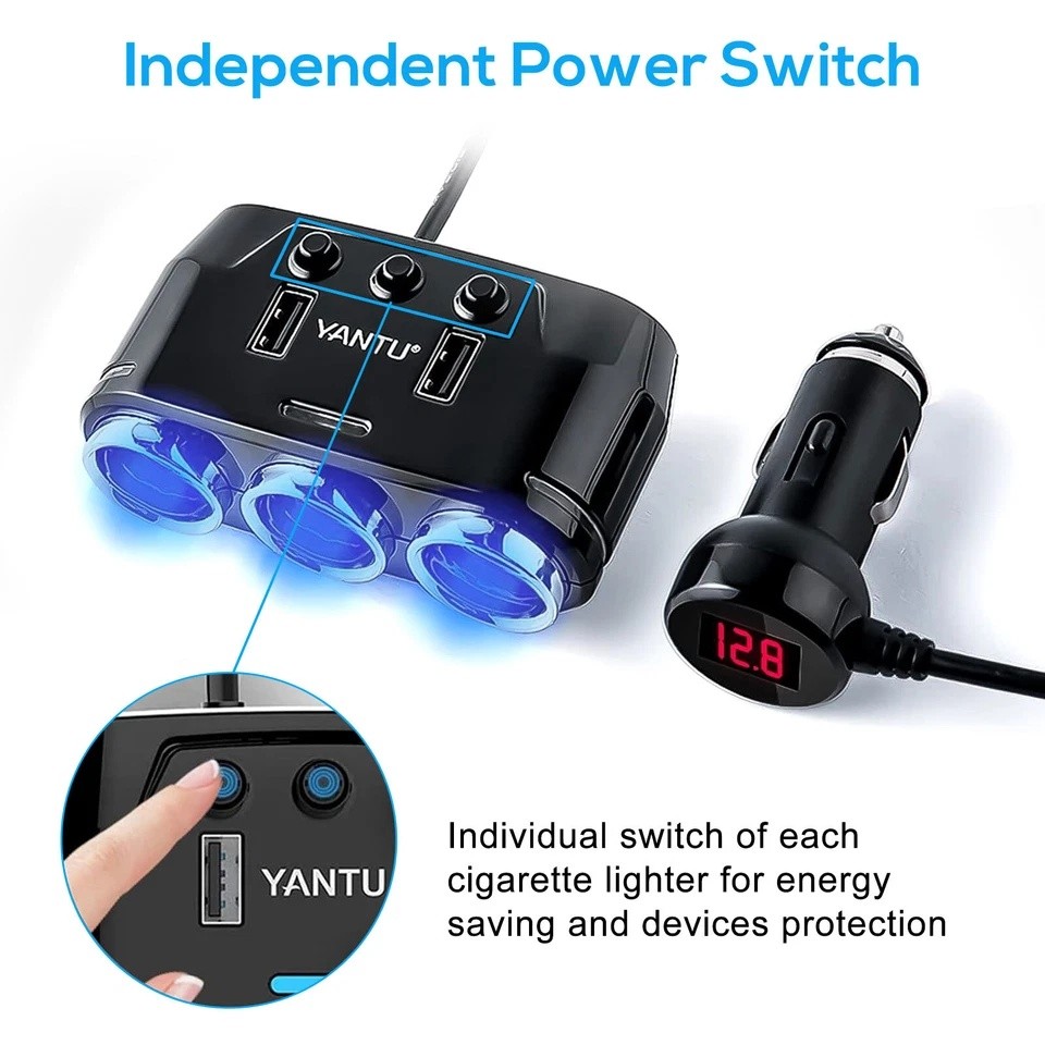 5-in-1 3Way Car Cigarette Lighter Socket Splitter Fast Charger Power Adapter 12V